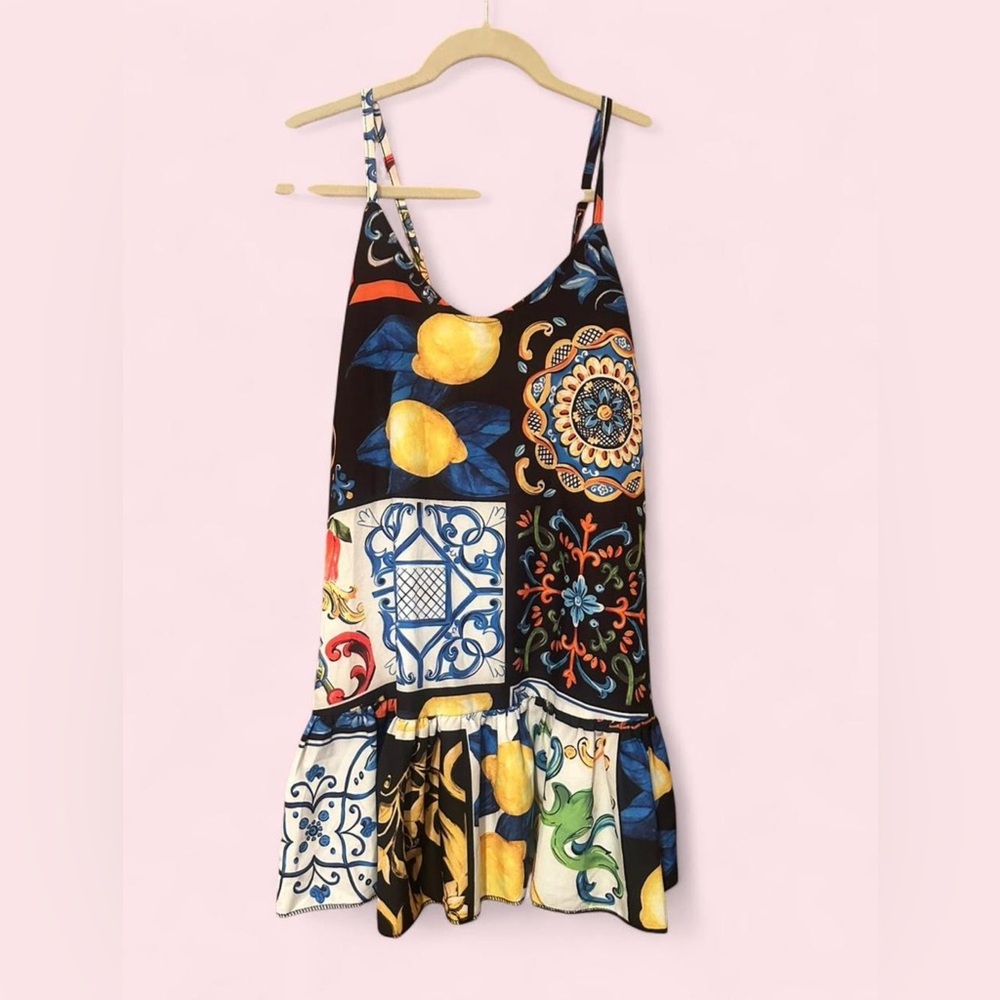 Lemon & Tile Patchwork Spaghetti-Strap Mini Dress - image 1